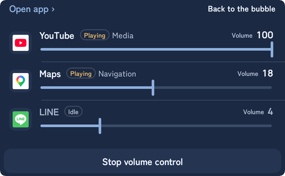 Screenshot of the LunaMixer mixer on a phone, taken mid-navigation. YouTube, Maps and LINE each have their own volume slider.
