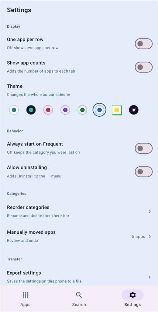 The settings screen with the theme and category options